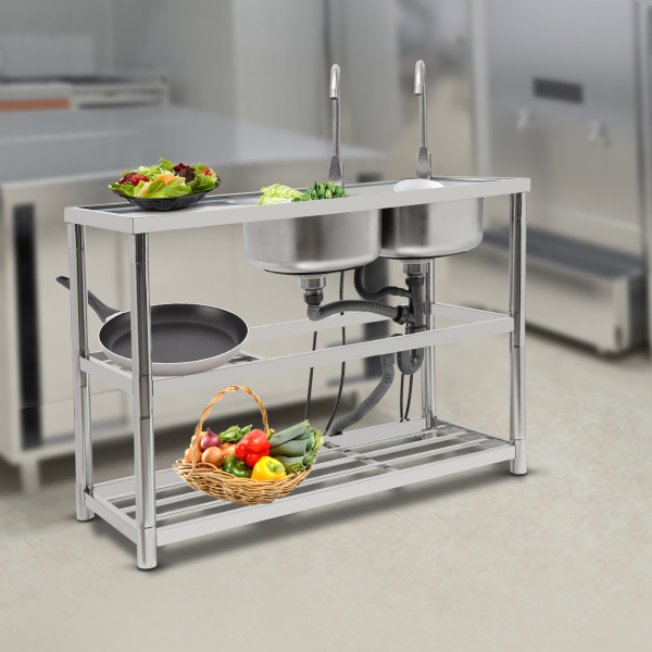 Restaurant Kitchen Sink, Free Standing Commercial Kitchen Sink, Stainless Steel Double Bowl Sink with 2 Cold & Hot Faucets (Right Double Sink)