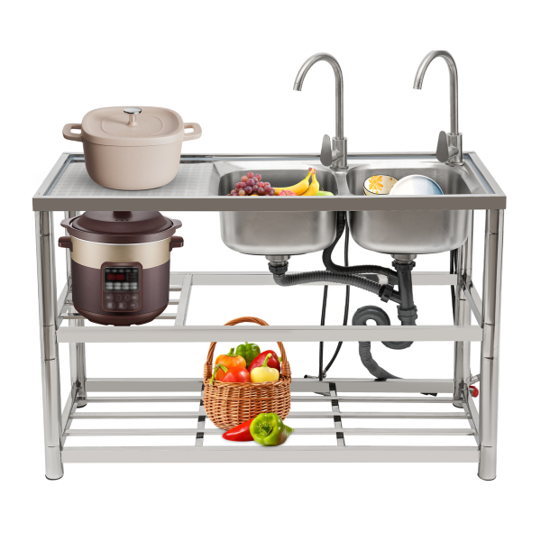 Restaurant Kitchen Sink, Free Standing Commercial Kitchen Sink, Stainless Steel Double Bowl Sink with 2 Cold & Hot Faucets (Right Double Sink)