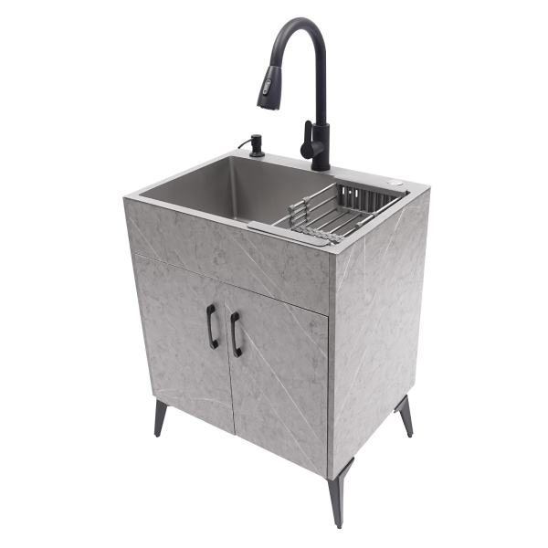 Utility Sink with Cabinet, 23.6" Laundry Sink w/ 360° Rotatable Pull- Out Sprayer Faucet, Retractable-Drain Basket & Lid Drainer