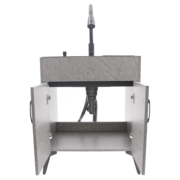 Utility Sink with Cabinet, 23.6" Laundry Sink w/ 360° Rotatable Pull- Out Sprayer Faucet, Retractable-Drain Basket & Lid Drainer