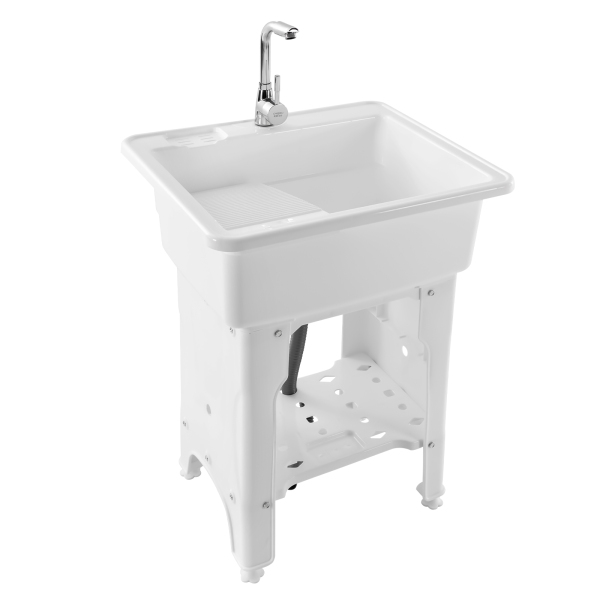 25.6" Freestanding Plastic Laundry Sink with Washboard Indoor and Outdoor Utility Sink with Cold and Hot Water Faucet Hoses and Drain Kit