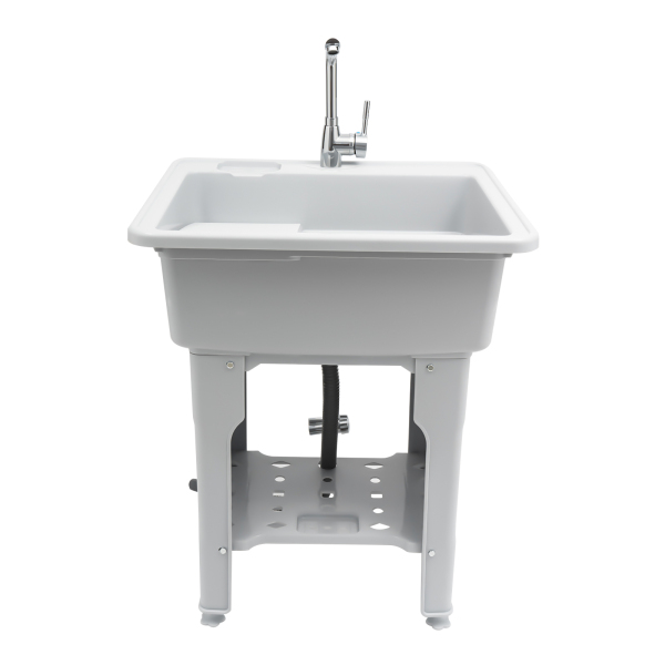 Freestanding Plastic Laundry Sink with Washboard, Indoor and Outdoor Utility Sink with Cold and Hot Water Faucet