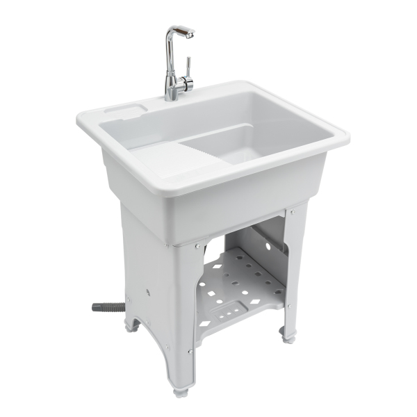 Freestanding Plastic Laundry Sink with Washboard, Indoor and Outdoor Utility Sink with Cold and Hot Water Faucet