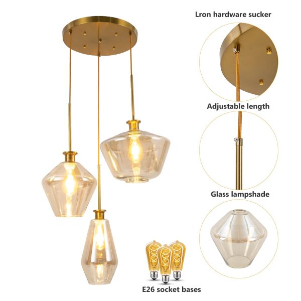 Champagne Gold 3-Head Glass Pendant Light Fixture for Home, Kitchen, Hotel, Coffee Bar, Dining Room Champagne Gold 3-Head Glass Pendant Light Fixture for Home, Kitchen, Hotel, Coffee Bar, Dining Room