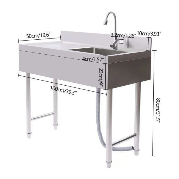 KITNEED 39.3" Free Standing Stainless-Steel Single Bowl Commercial Restaurant Kitchen Sink Set w/Faucet & Drainboard