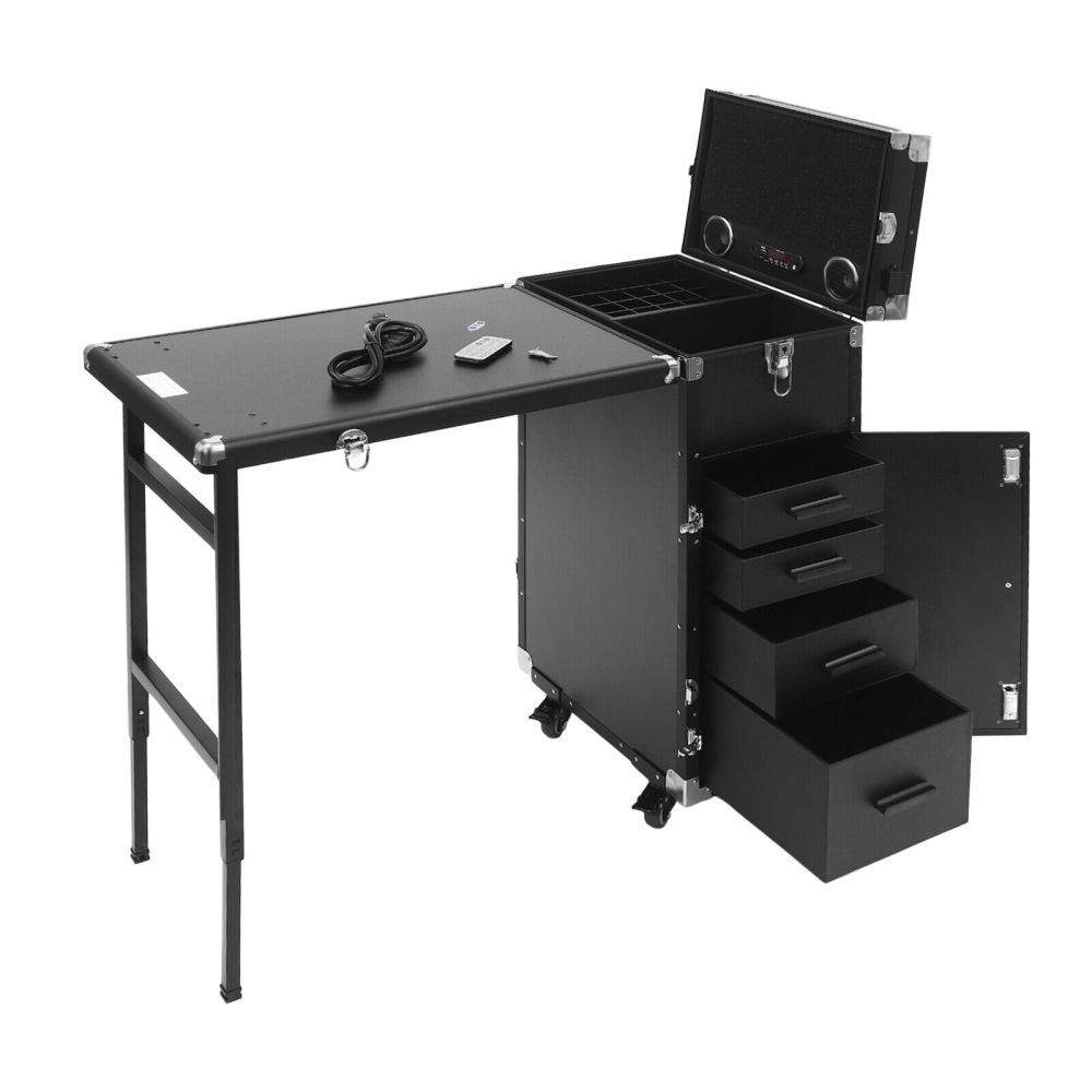 Rolling Manicure Table Nail Desk Travel Train Case Cosmetic Trolley w/ Speaker