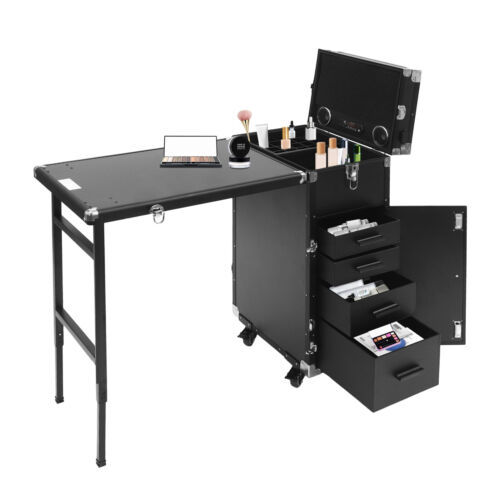 Rolling Manicure Table Nail Desk Travel Train Case Cosmetic Trolley w/ Speaker